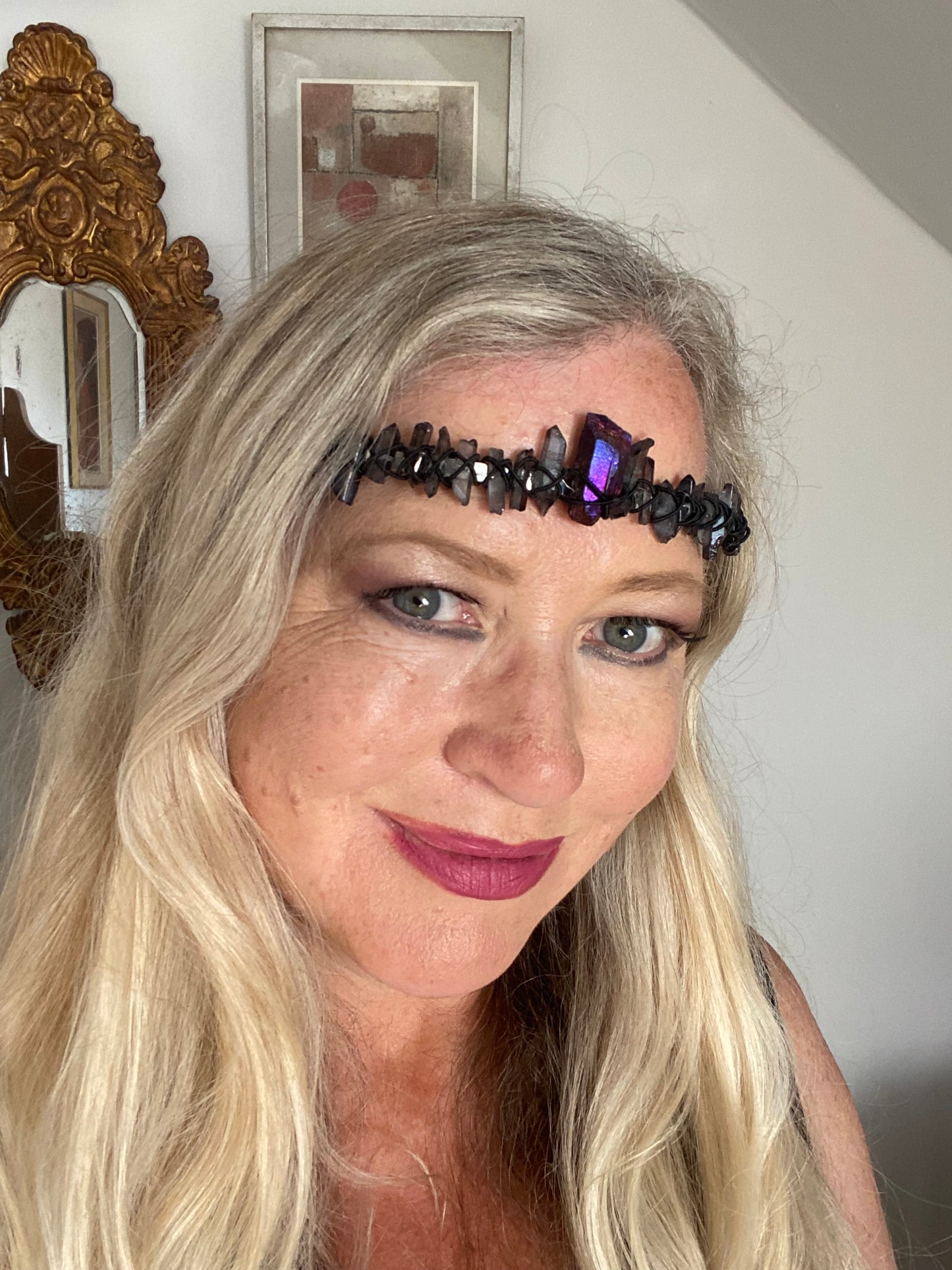 Black dyed quartz crystal crown with large central purple crystal