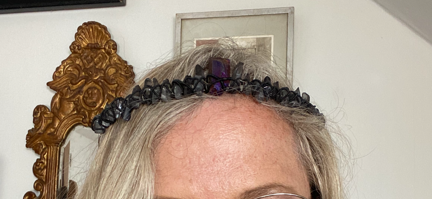 Black dyed quartz crystal crown with large central purple crystal