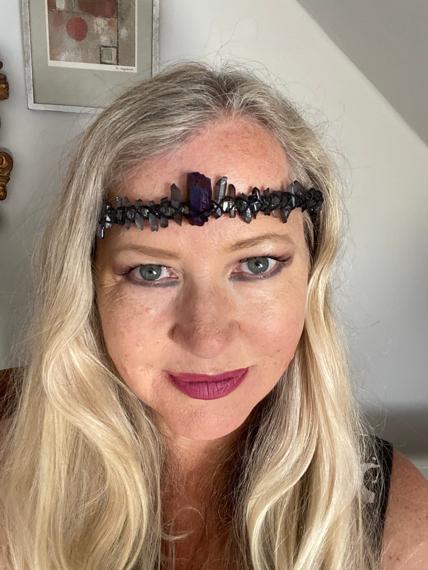 Black dyed quartz crystal crown with large central purple crystal